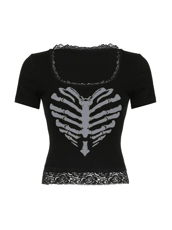 Lace Patchwork Skull Print Black Short Sleeve Tees