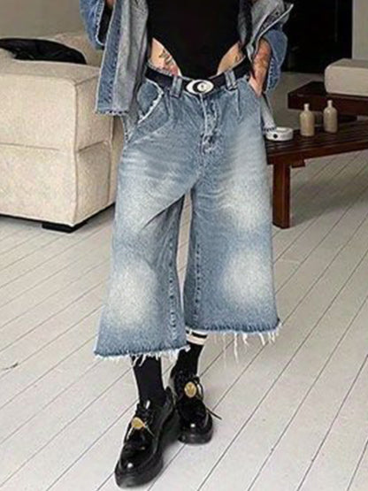 Washed Raw Edge Baggy Denim Shorts