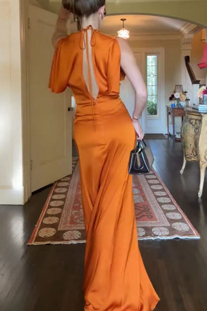 Isabella Satin Short Sleeve Ruched Waist V-shape Back Gown Maxi Dress