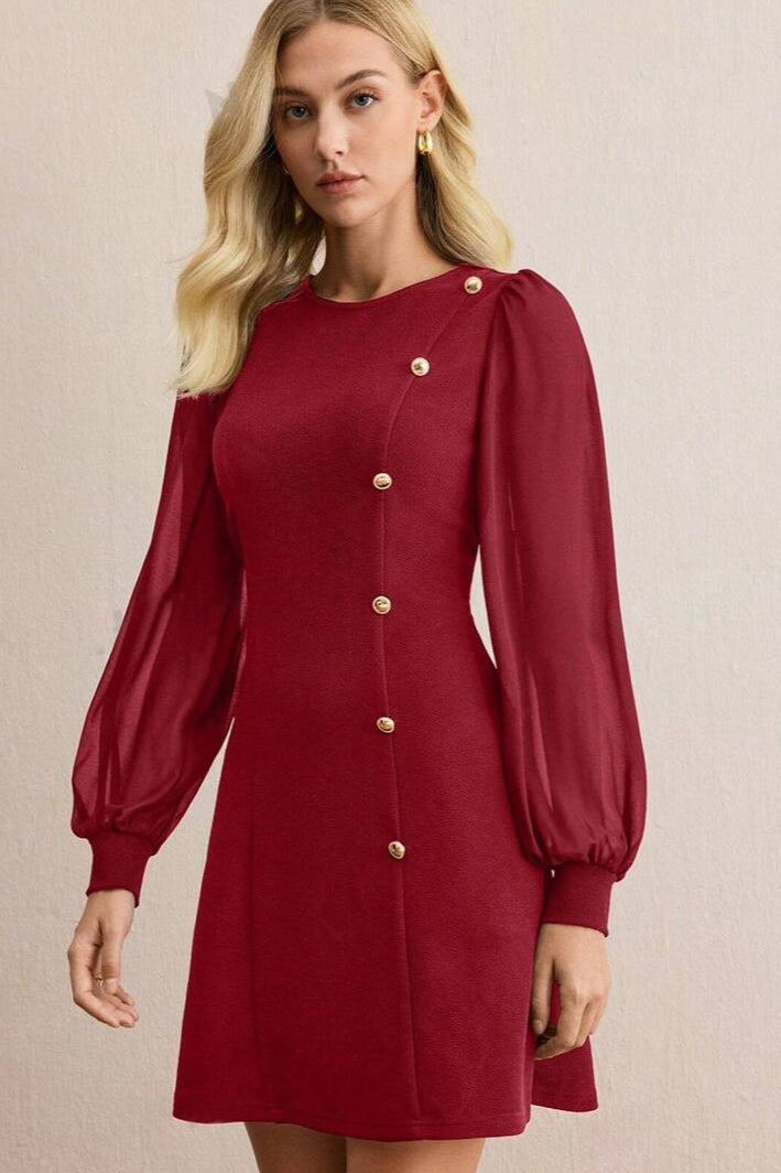 Crew Neck Sheer Puff Sleeve Asymmetric Button Detail A Line Mini Dress
