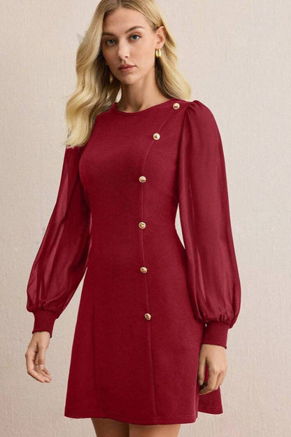 Crew Neck Sheer Puff Sleeve Asymmetric Button Detail A Line Mini Dress