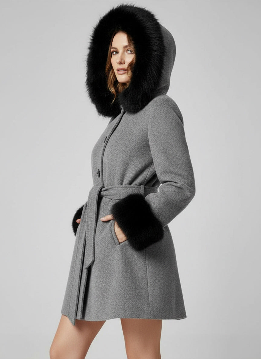 Belted Wool Blend Hooded Coat with black Faux fur cuffs For Women 2026
