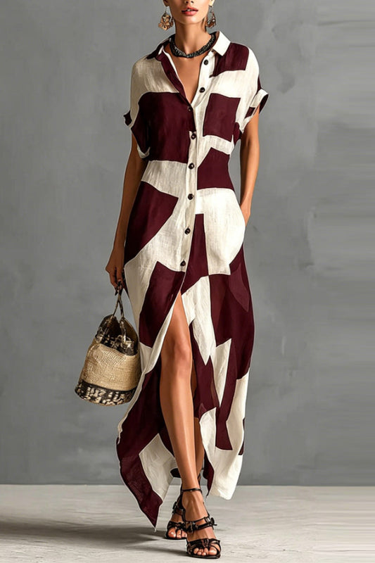 Geometric Color-blocked Print Lapel Short-sleeved Button-down Casual Maxi Dress