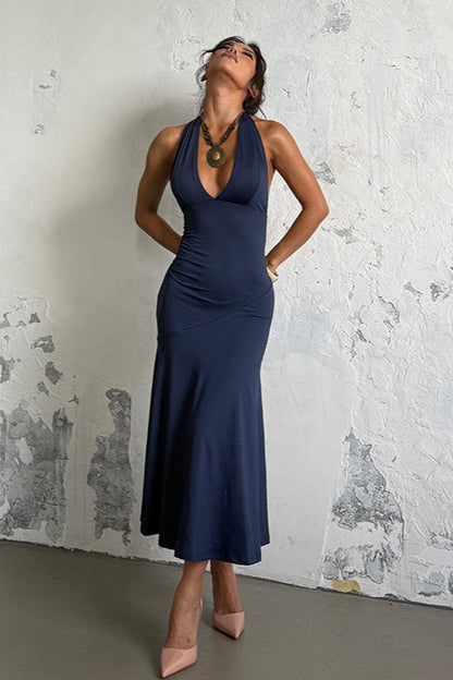 Halter Deep V Neck Backless Ruched Waist Mermaid Hem Maxi Dress