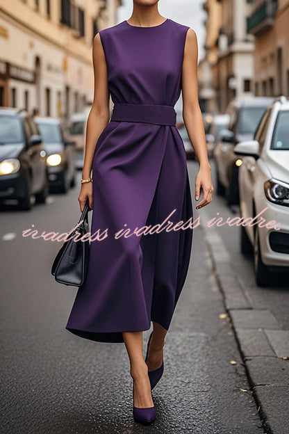 Solid Color Sleeveless Round Neck Casual Midi Dress
