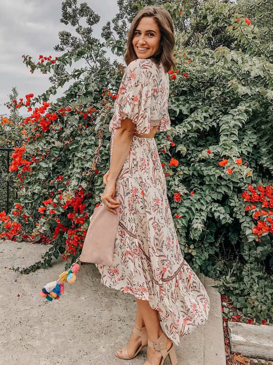 Floral High Low Boho Dress for Women - Cream Pink Cut Out Tie Front Flutter Sleeve Long Dress - Summer Beach Holiday 2026
