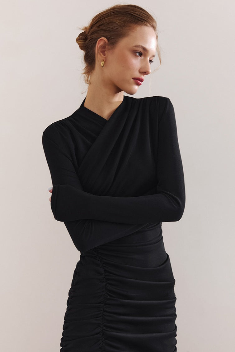 Asymmetric Neck Ruched Long Sleeve High Slit Bodycon Maxi Dress