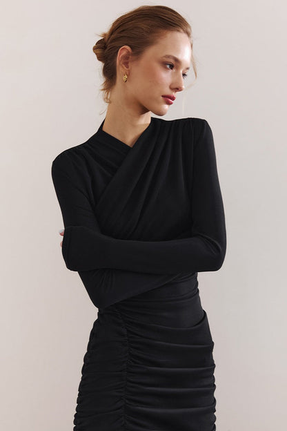 Asymmetric Neck Ruched Long Sleeve High Slit Bodycon Maxi Dress