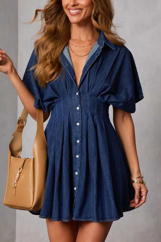 Stylish Collared Short-sleeved Fitted Waist Button-down Casual Mini Dress
