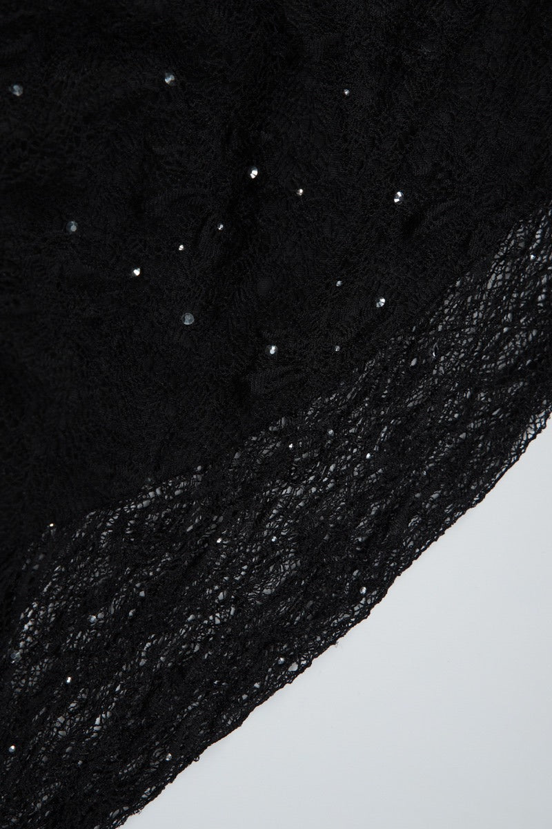Rhinestone Embellished Mock Neck Lace Long Sleeve Bodycon Mini Dress