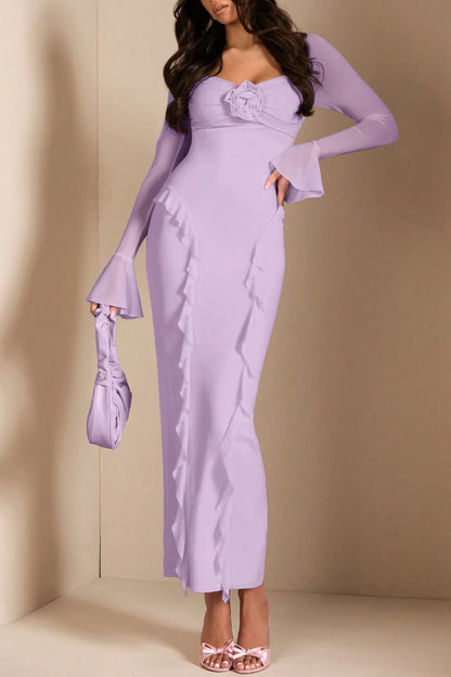 Solid Color Long-sleeved Ruffled Slim-fit Maxi Dress
