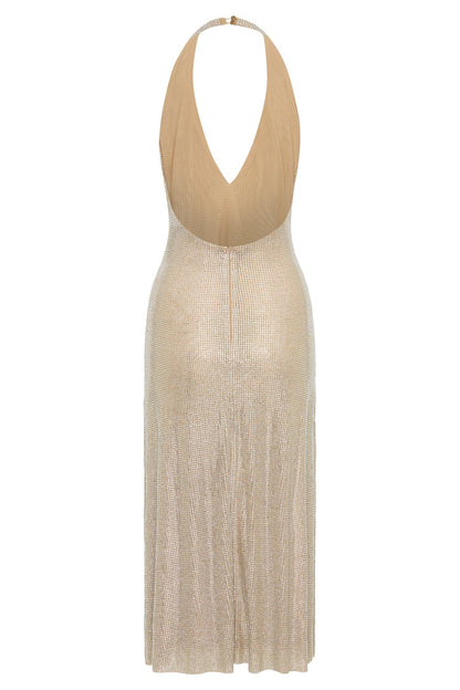 Deep V Neck Halter Sequin Shimmer Metallic Midi Dress