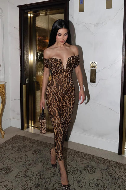 V-Neck Off-Shoulder Sequin Midi Dress