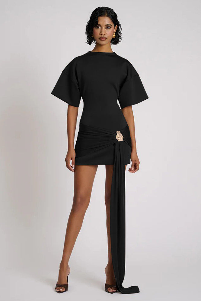 Boat Neck Draped Waist Metal Brooch Detail Side Sash Mini Dress