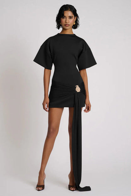 Boat Neck Draped Waist Metal Brooch Detail Side Sash Mini Dress