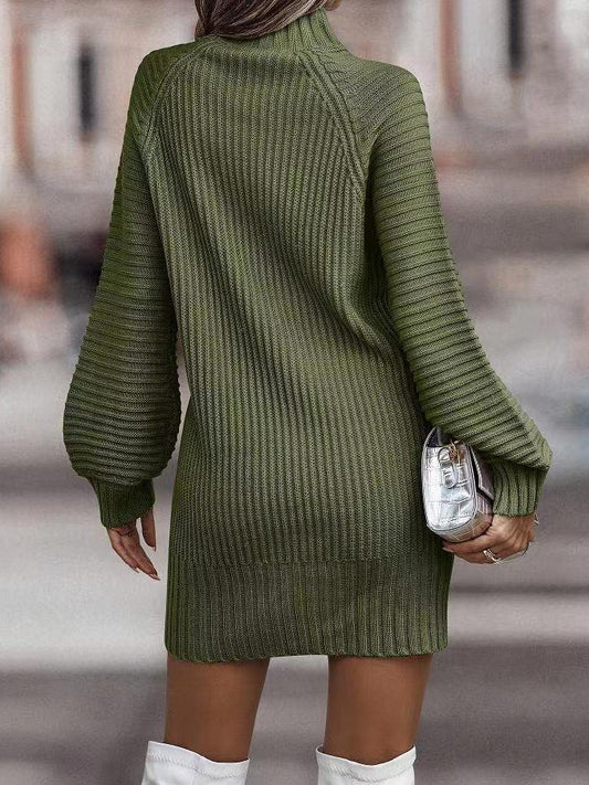 Knitted Dress Long Sleeves High Collar Elegant Mini Dress