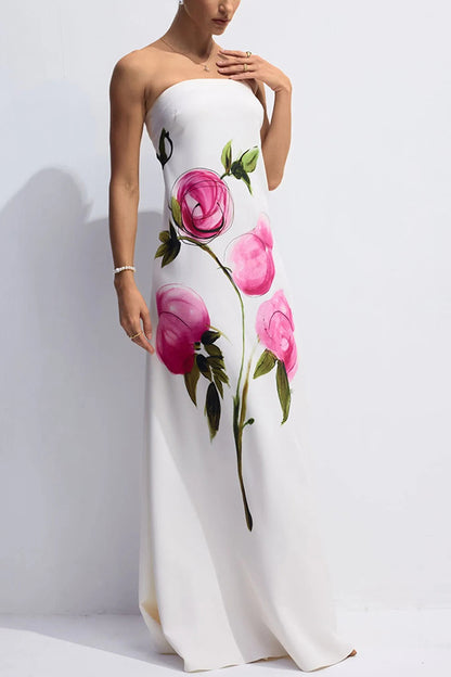Garden Wedding Painted Roses Print Strapless A-line Maxi Dress