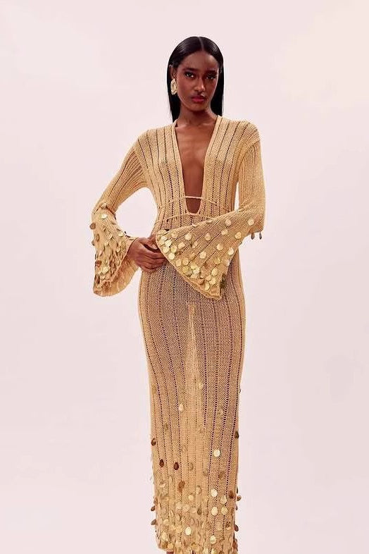 | V Neck Belted Sequin Knit Maxi Dress