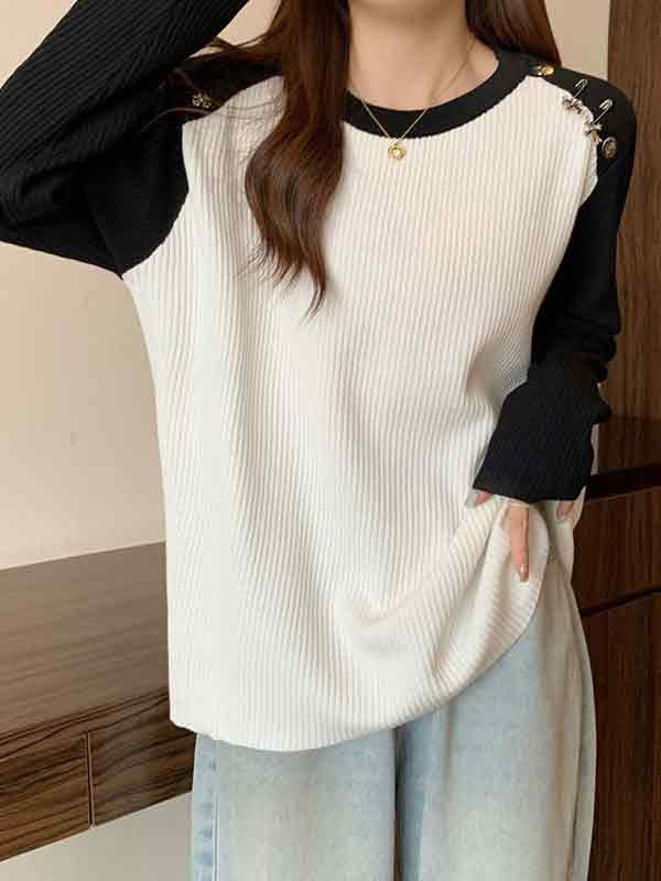 Contrast Color Splice Metal Decor Long Sleeve Knit