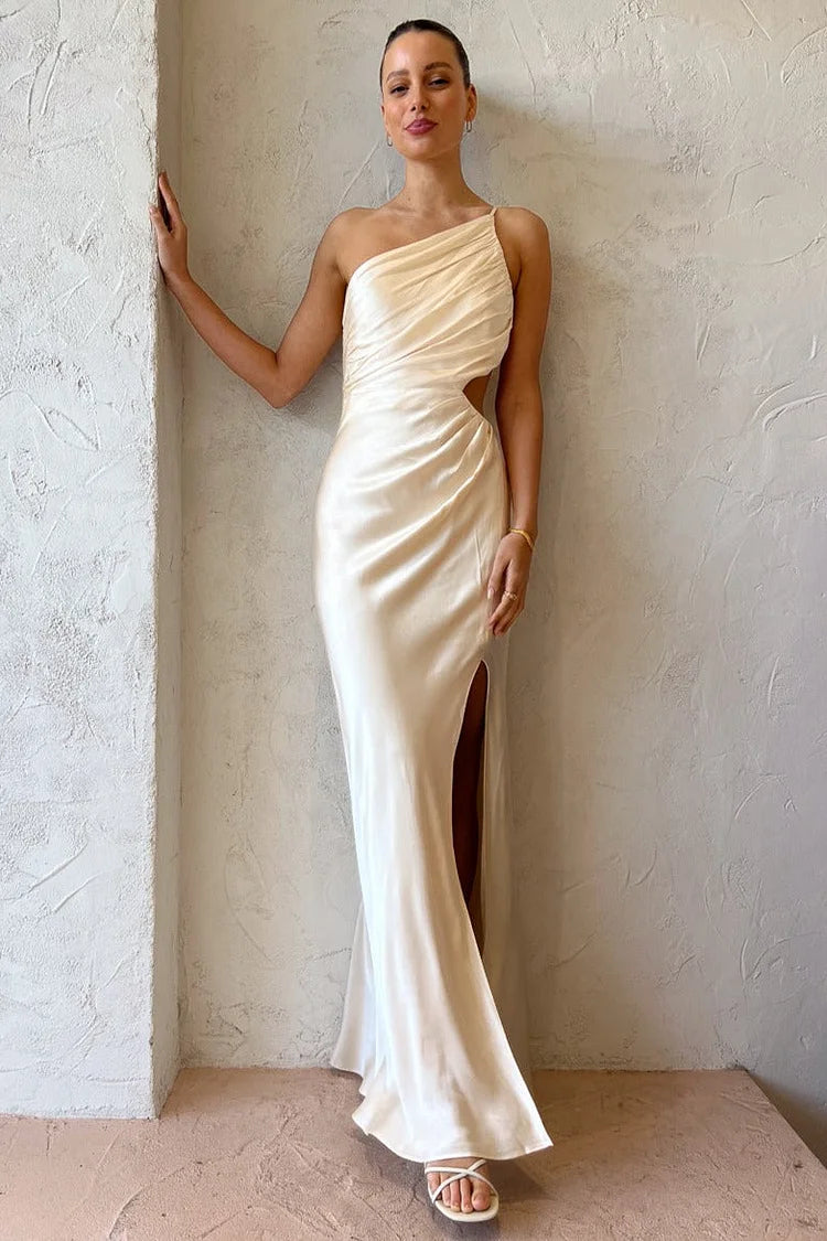 One-Shoulder Ruched Satin Waist Cutout High-Slit Maxi Gown