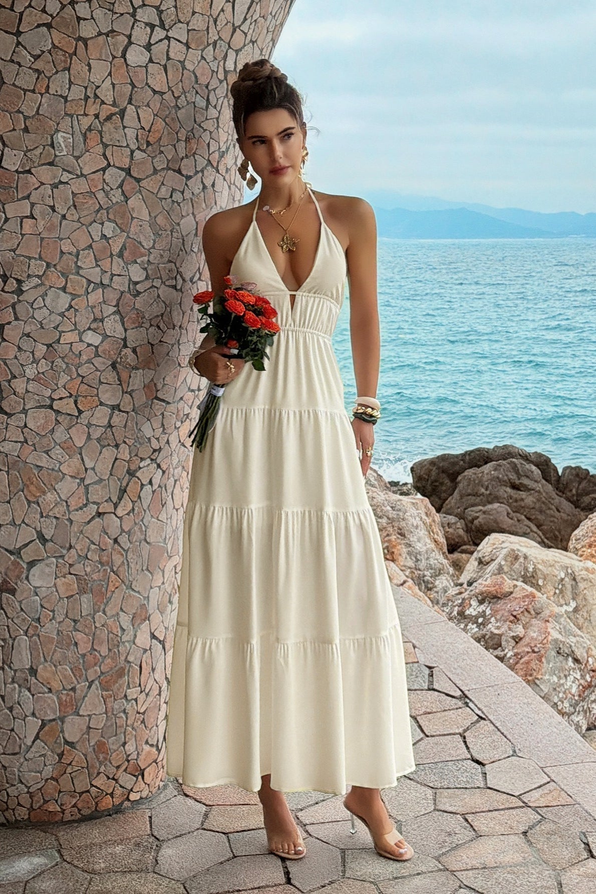 Halter Deep V Neck Smocked Waist Tiered Maxi Dress