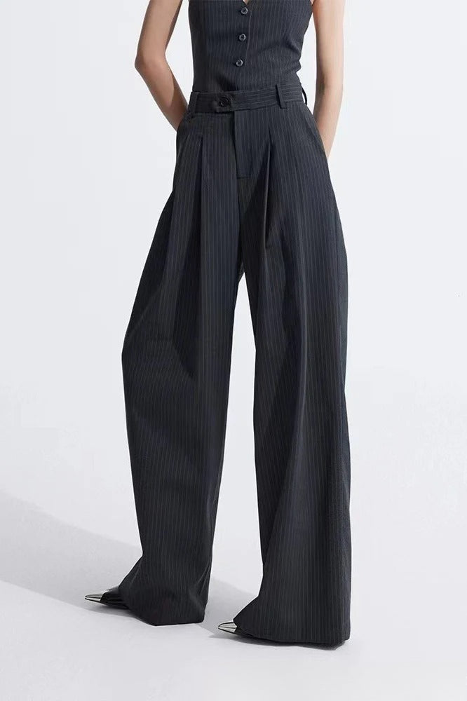 Grey Striped Vest Wide Leg Three Piece Set