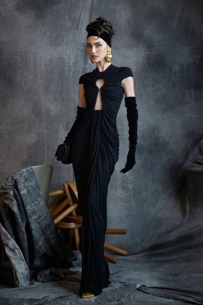 Black Mesh Cutout Slim Vintage Evening Party Dress