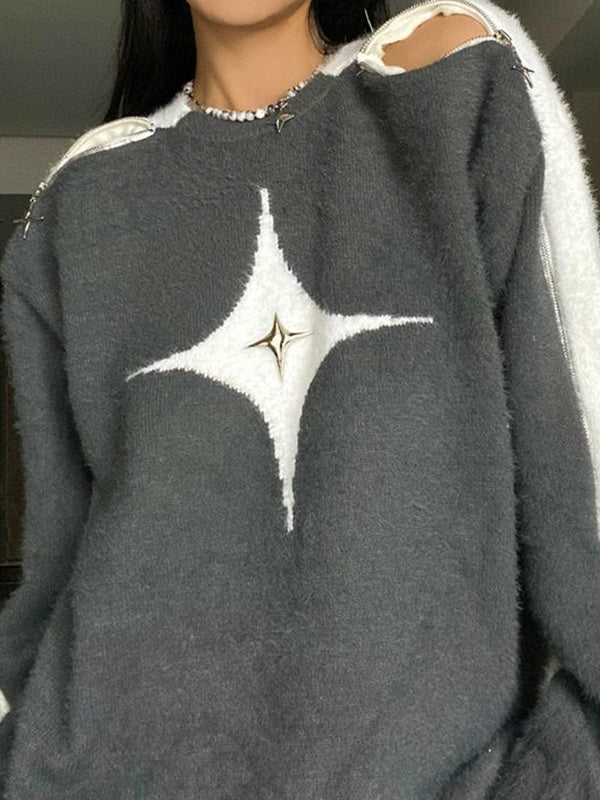 Star Decor Zipper Cutout Loose Sweater