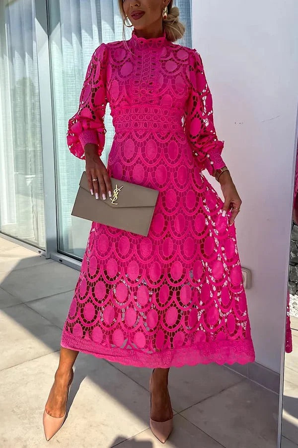 Guipure Lace Mock Neck Lantern Sleeve Scalloped Hem Hollow Out Midi Dress
