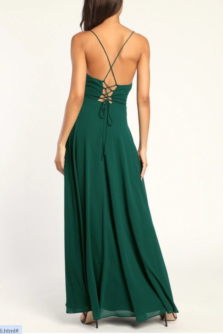 Cowl Neck Spaghetti Strap High Slit A-Line Chiffon Maxi Gown