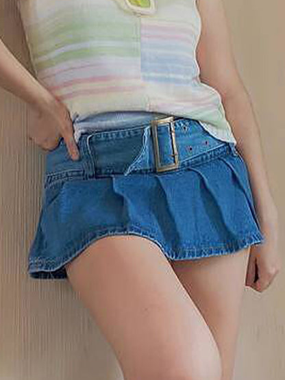 Denim Pleated Low Rise Micro Skort
