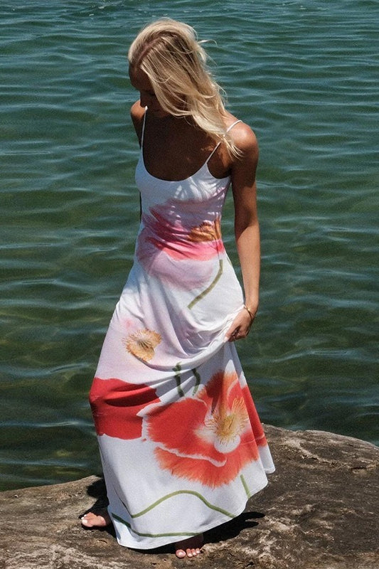 Scoop Neck Spaghetti Strap Oversized Poppy Floral Print Maxi Dress