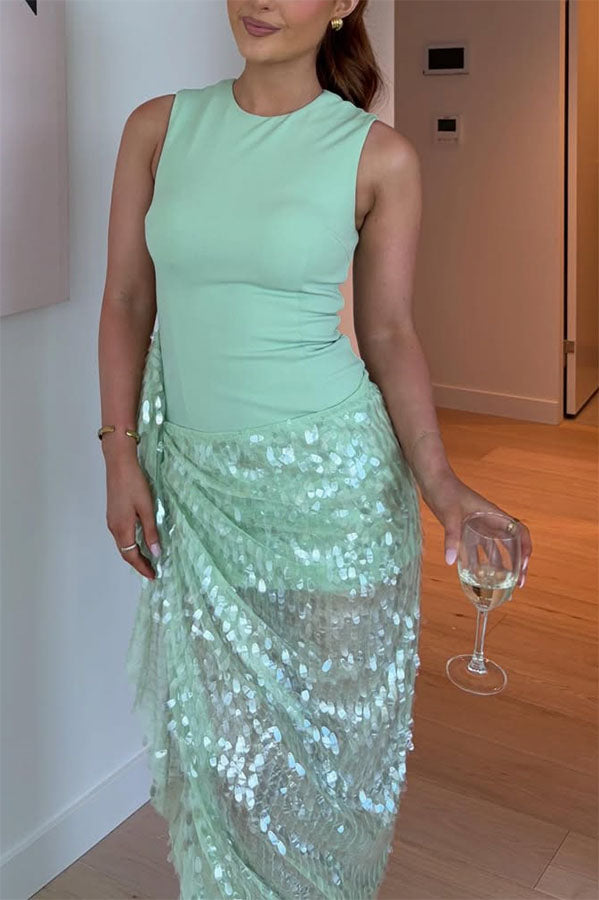 Unspoken Glamour Crepe and Fish Scale Sequins Ruffle Ruched Drape Maxi Dress