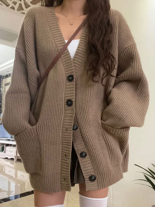 Preppy Solid Color V Neck Baggy Cardigan