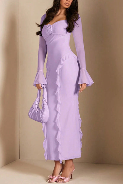 Solid Color Long-sleeved Ruffled Slim-fit Maxi Dress