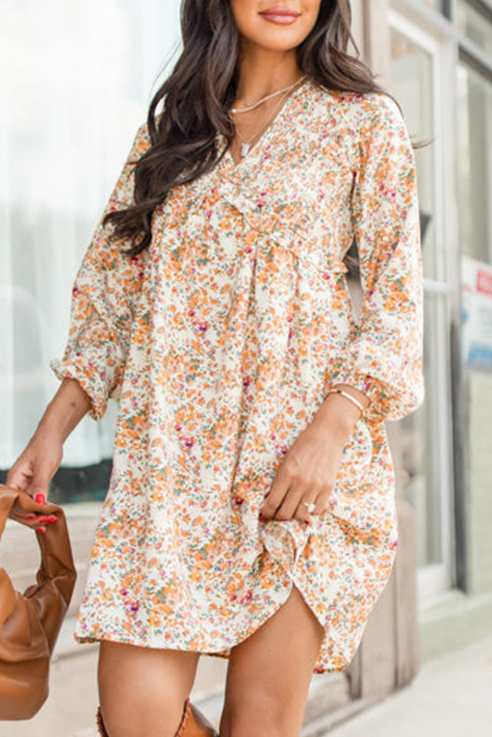 Ditsy Floral Print Surplice V-Neck Balloon Sleeve Empire Waist Mini Dress
