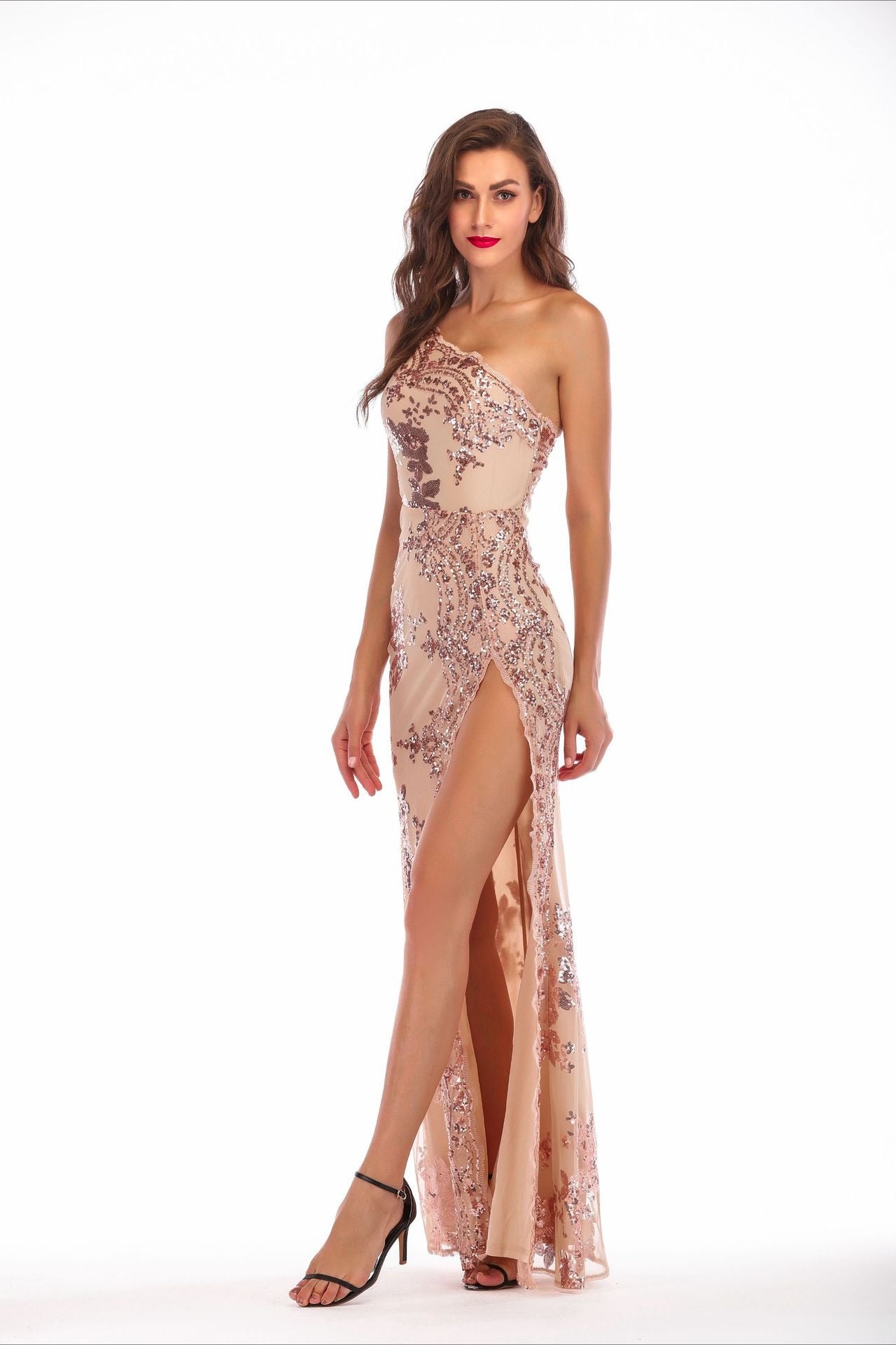 One-Shoulder Sequin Embroidered Mesh High Slit Bodycon Floor-Length Gown