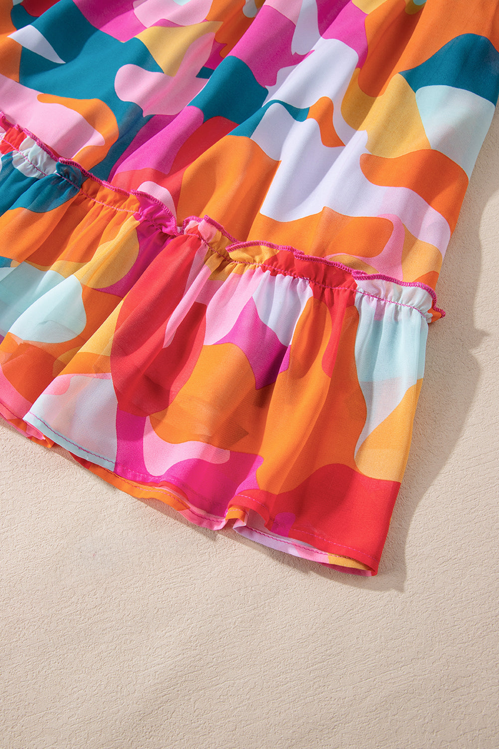 Abstract Geometric Print Deep V-Neck Bell Sleeve Tiered Ruffle Mini Dress