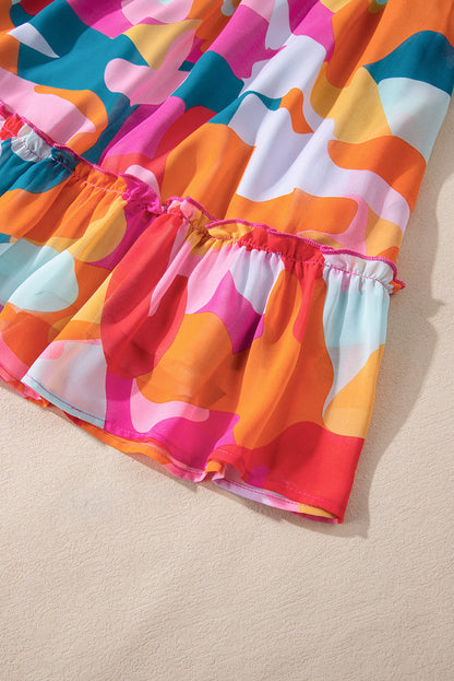 Abstract Geometric Print Deep V-Neck Bell Sleeve Tiered Ruffle Mini Dress