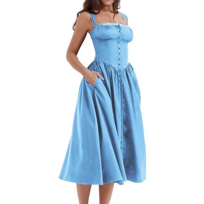 Lace Trim Corset Button Front Basque Waist Fit and Flare Midi Dress