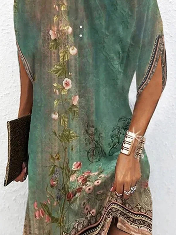 Floral Print Batwing Sleeve Button Neck Border Trim Shift Mini Dress