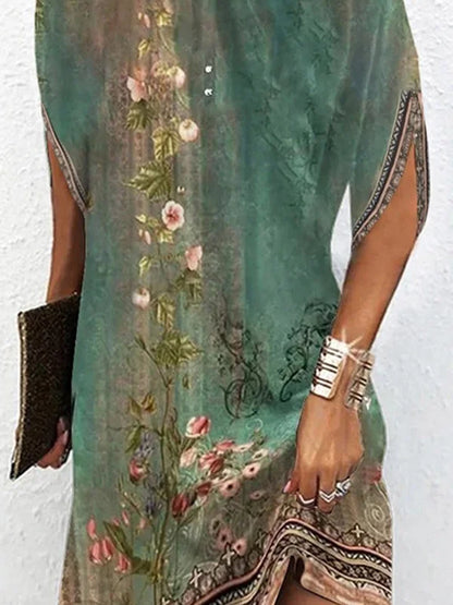 Floral Print Batwing Sleeve Button Neck Border Trim Shift Mini Dress