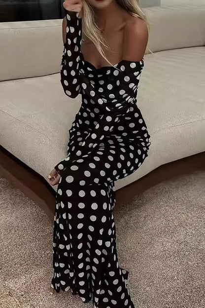 Off Shoulder Mesh Polka Dot Long Sleeve Bodycon Maxi Dress