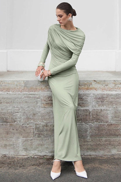 Asymmetric Draped Twist Neck Long Sleeve Side Ruched Bodycon Maxi Dress