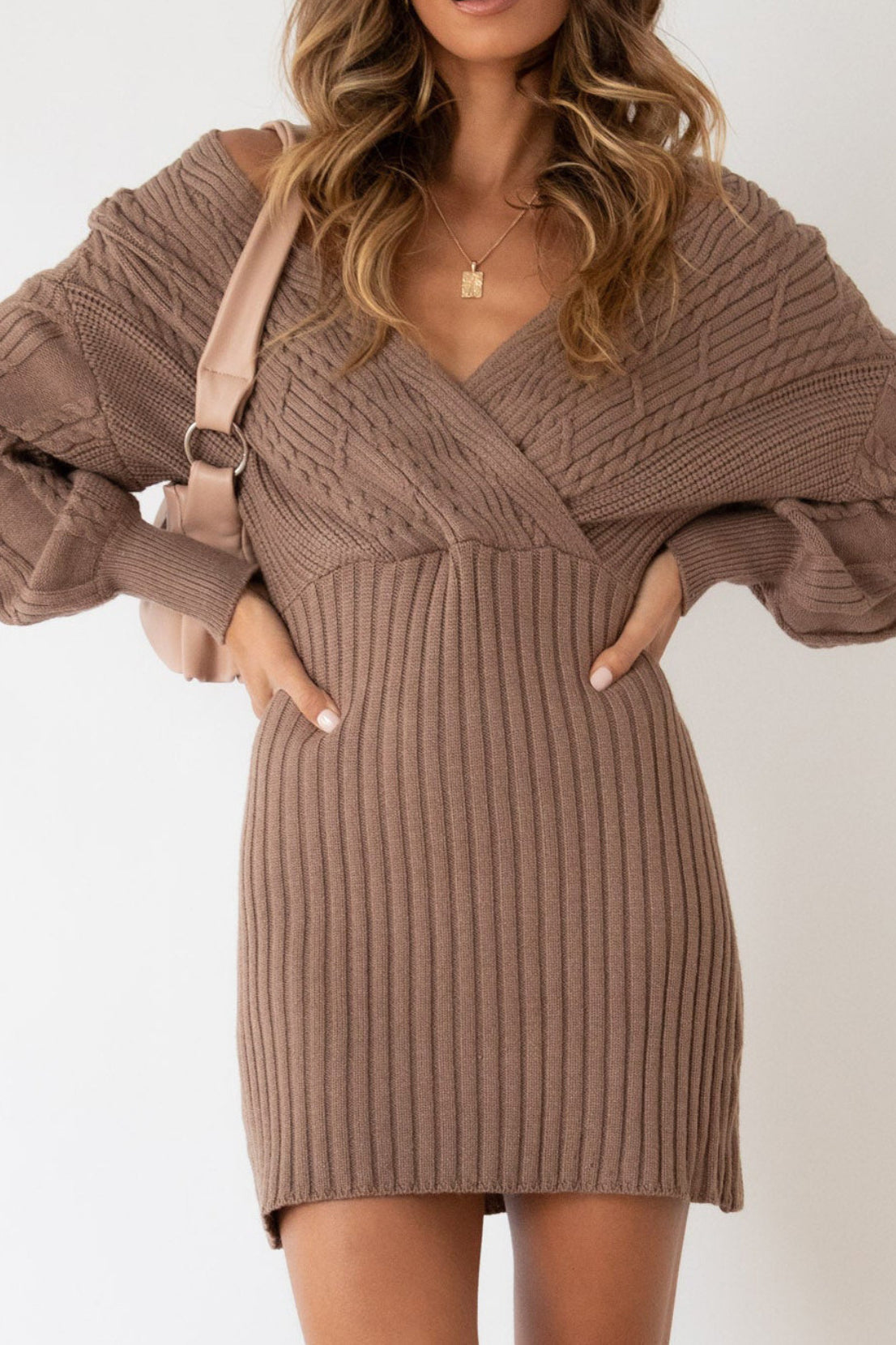 Cable Knit Wrap Front V-Neck Balloon Sleeve Ribbed Mini Sweater Dress