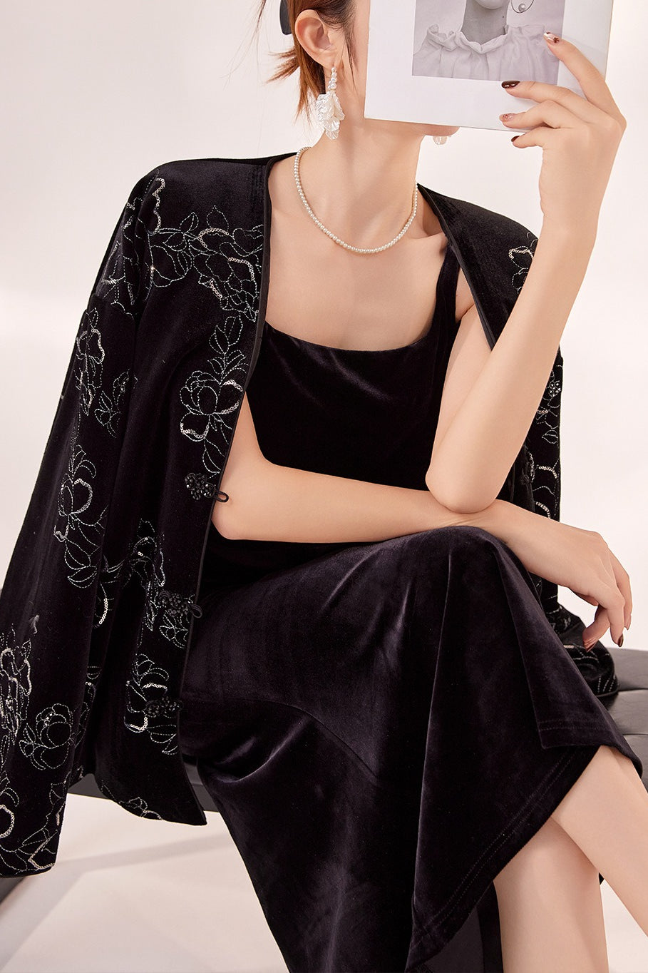 Square Neck Rhinestone Strap Velvet Mermaid Maxi Dress