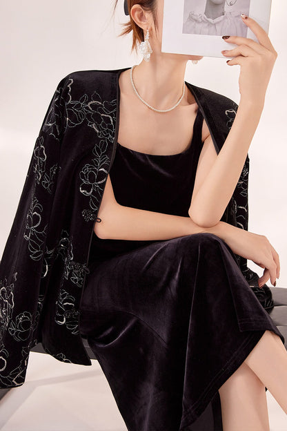 Square Neck Rhinestone Strap Velvet Mermaid Maxi Dress
