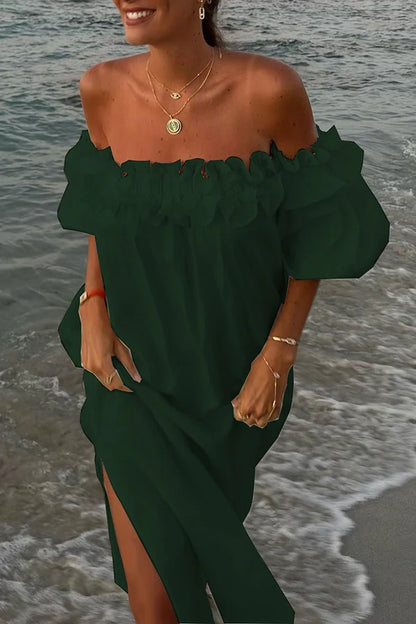 Off Shoulder Ruffle Trim Puff Sleeve Side Slit Linen Look Maxi Dress