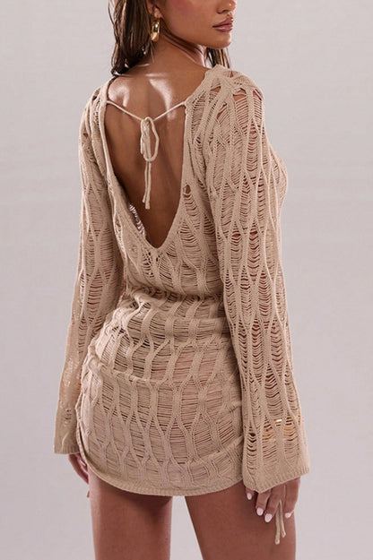 Fashionable Sheer Long-sleeved Backless Tie Slim-fit Mini Dress
