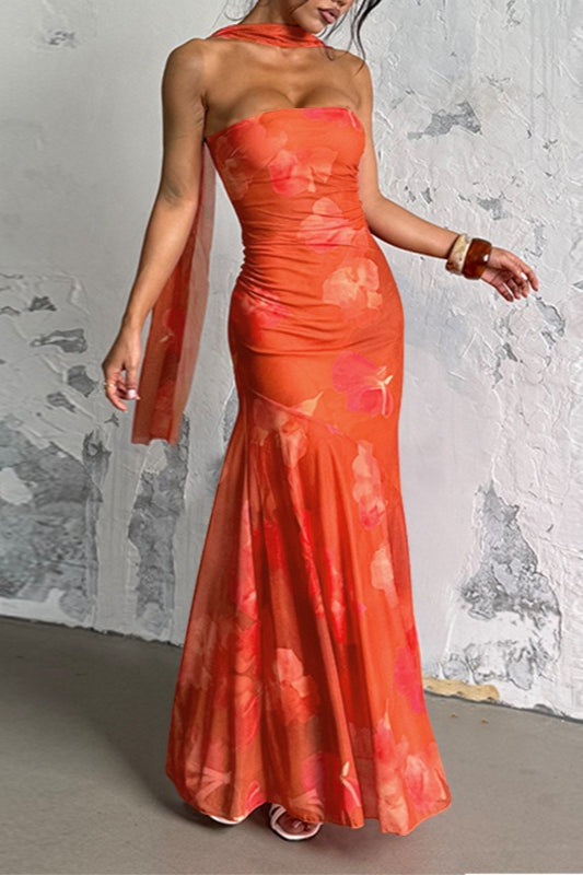 Strapless Tropical Floral Mesh Ruched Neck Scarf Detail Mermaid Maxi Dress
